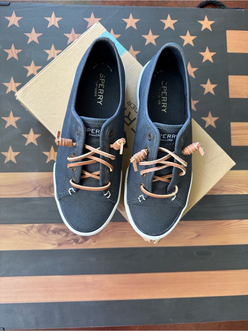 Sperry Navy Canvas Boat Shoes with Tan Laces